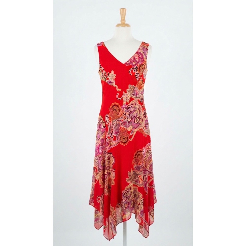 Red Paisley Handkerchief Hem Midi Dress Sz 4 Sleeveless V-Neck Floral Boho Y2K